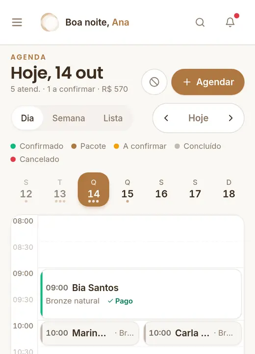 Tela da agenda da Sunya no celular